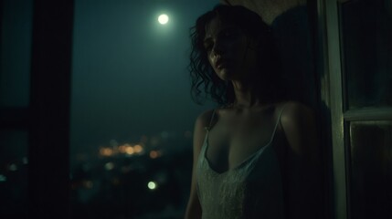 Elven princess observing full moon over city at night