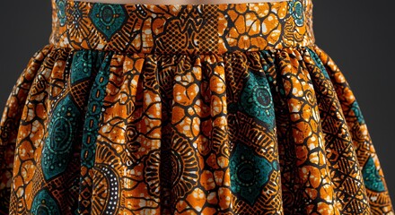 Vibrant African Print A-Line Skirt: Close-up of Rich Orange and Teal Wax Fabric