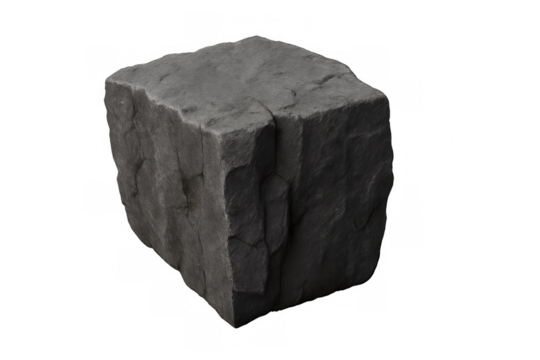 Weathered gray cubic stone floating weightlessly, revealing intricate fractures and rugged surface against translucent backdrop