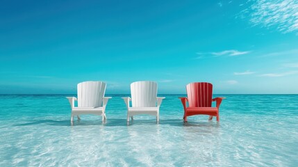 Fototapeta premium Three colorful beach chairs partially submerged in crystal-clear tropical waters, evoking a sense of relaxation and bliss, perfect for a sunny getaway under a blue sky.
