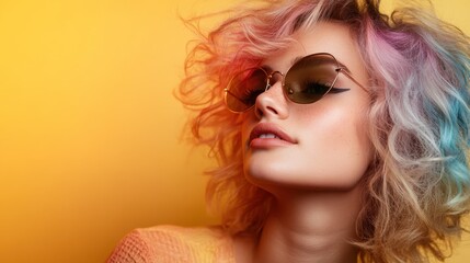 Fototapeta premium A close-up portrait of a chic woman with colorful hair and sunglasses, exuding confidence and style, representing modern fashion trends and vibrant self-expression.