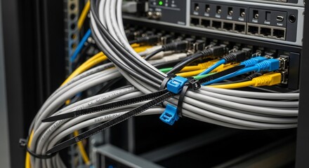 Network server with connected ethernet cables organized with cable ties