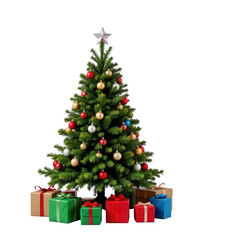 Festive Christmas Tree Decorated with Colorful Ornaments and Gifts Underneath in a Cozy Winter Setting