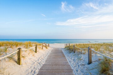 Wooden boardwalk to sandy beach ocean view free beach background summer