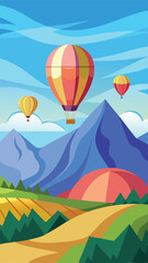 Colorful hot air balloons soaring over mountains and scenic landscape on clear sky