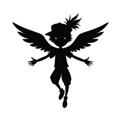 Fototapeta premium Silhouette of a boy with wings isolated on white background resembling an angel or fantasy character