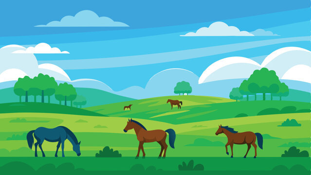 Colorful vector illustration of horses grazing in a lush green meadow landscape
