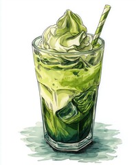 Gourmet Matcha Iced Dessert Drink with Whipped Cream Topping: A Culinary Creation in Vibrant Green Aesthetics and Artisanal Presentation.