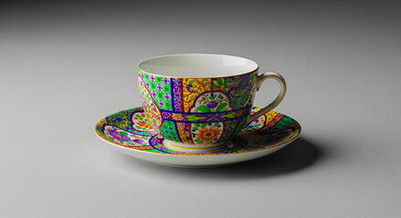 Fototapeta premium Colorful tea cup & saucer with artistic design