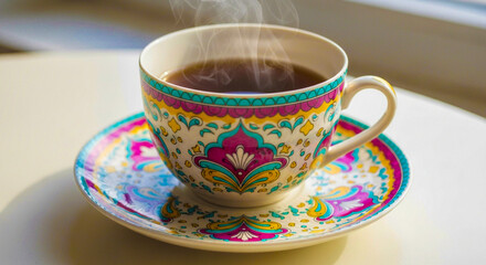 Fototapeta premium Colorful tea cup & saucer with artistic design