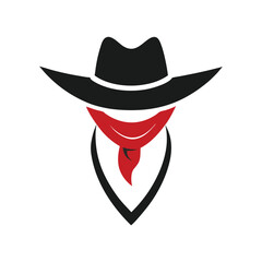 Stylized cowboy icon with a black hat and red bandana isolated on white background