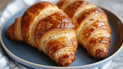 Two perfectly baked golden croissants sit elegantly on a plate, showcasing their flaky texture and deliciousness, ideal for food photography and culinary delights.