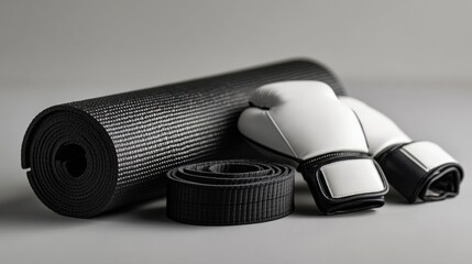 Martial arts training gear home gym equipment collection minimalist setting close-up view fitness journey