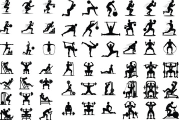Workout Icons Silhouette Collection – Bodybuilding & Exercise Poses Gym Workout Pose Icon Silhouette Set – Fitness Action Vector Pack