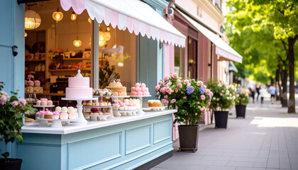 Pastel-colored storefront displaying an array of delectable pastries and cakes, situated on a sunny city street lined with similar shops and flowering plants