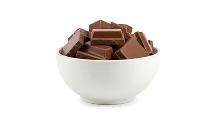Bowl of milk chocolate pieces isolated on white background. Front view