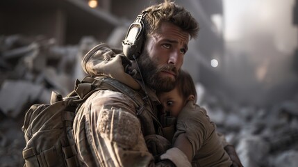 A Soldier's Duty: Rescuing a Child Amidst the Ruins of War Torn City Destruction