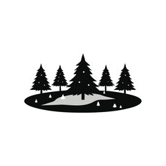 Fototapeta premium Scenic Forest Illustration with Evergreen Trees and a Pond on a White Background Depicting Natural Beauty and Serenity in Simple Art