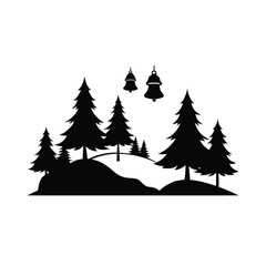 Obraz premium Enchanting Silhouette of a Winter Forest Landscape Evergreen Trees and Two Christmas Bells Creating a Festive and Magical Ambience in a Holiday Season Still Life
