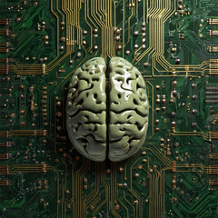 Digital Brain Circuit Board with Binary Code Background