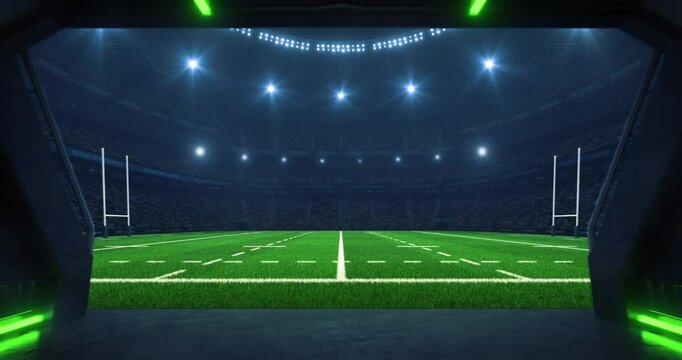 Entrance to a sports stadium full of cheering fans with a rugby pitch before a league match. Professional sports 4k video for advertisement background.