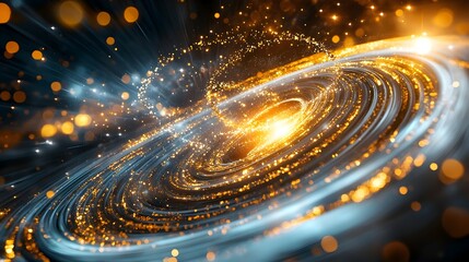 Golden spiral galaxy swirl, dark background, cosmic energy, abstract design