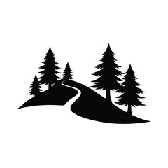 Winding Road Through Evergreen Forest Black and White Silhouette Illustration