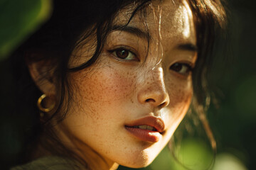 Beautiful young Asian woman enjoying nature in a forest