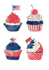 Hand-drawn watercolour 4th of July cupcakes 