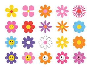 playful cartoon flower grid with colorful floral designs, cute smiling faces, and whimsical expressions on white background vector