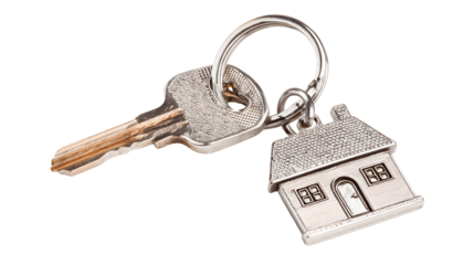 Silver House Key with Keychain isolated on a transparent background