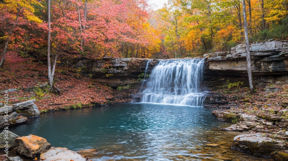 Poster serene waterfall cascading into a tranquil pool, surrounded by vibrant autumn foliage.