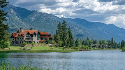 Fototapeta premium Large lodge sits by a tranquil mountain lake.