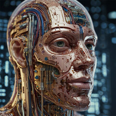 Close-Up of AI Circuitry Inside Transparent Head