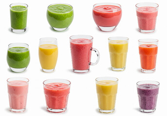 Colorful Assortment of Smoothies in Various Glasses – Healthy Fruit and Veggie Drinks Isolated on White Background