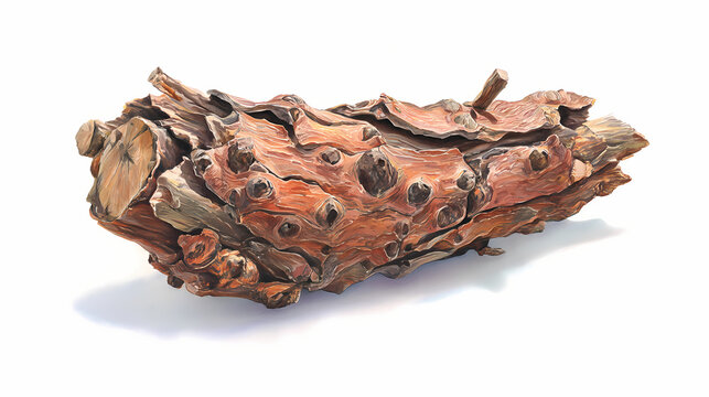 Watercolor Illustration of Kapur Kachri Bark (Hedychium spicatum) &ndash; Aromatic Herbal Root Segments on White Background

