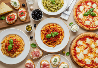 Flat Lay of Classic Italian Cuisine – Delicious Pasta, Pizza, Olives, and Antipasto Toasts for an Authentic Feast