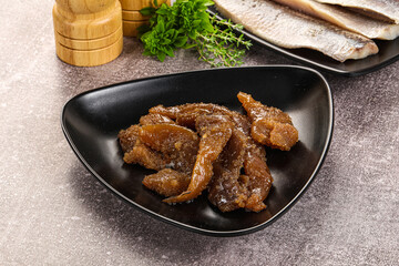 Herring roe snack in the plate