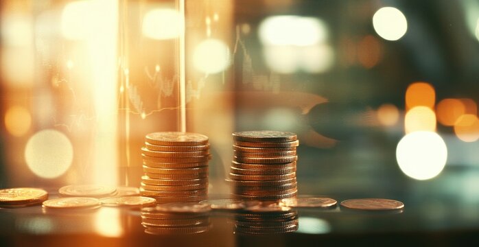 Stacks of gold coins with financial data overlay