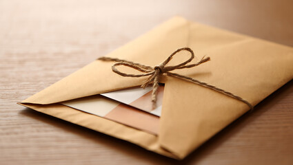 Kraft paper envelope with cards tied with twine on wood