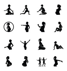 Pregnant Woman Silhouettes in Various Yoga, Maternity, and Wellness Poses – Expecting Mother with Baby Bump Practicing Meditation, Fitness, and Self-Care