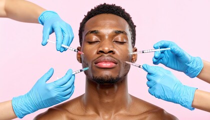cosmetic procedures, injections are given to a man in the face