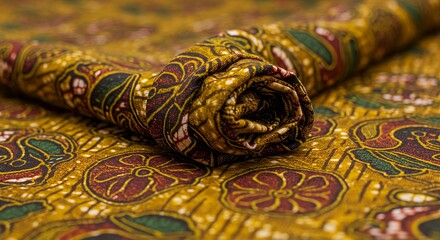 Rolled Golden Brown Indonesian Batik Fabric with Intricate Floral Patterns
