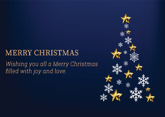 Abstract Christmas tree made from stars and snowflakes on dark blue background,Christmas tree from stars abstract christmas winter background.