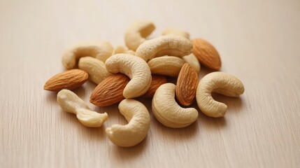 Fototapeta premium Close-up of a small pile of almonds and cashews on a light wooden surface.
