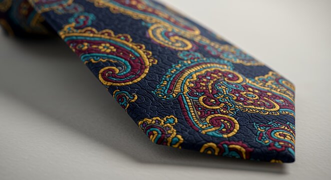 Exquisite Navy Blue Paisley Tie with Teal, Gold, and Burgundy Accents