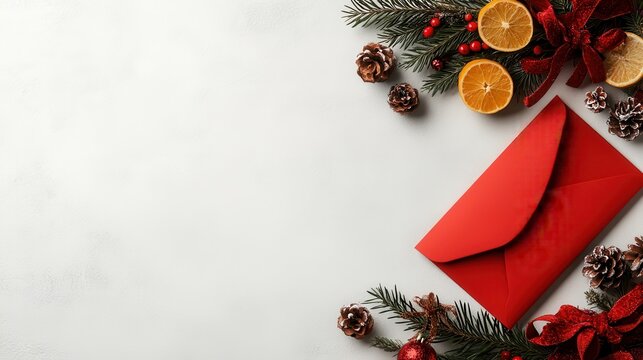 A beautifully arranged holiday decoration featuring red envelope, pine leaves, oranges, and cones, evoking the spirit of the festive season with inviting elegance.