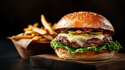 A mouthwatering burger loaded with fresh ingredients sits alongside crispy fries, exemplifying comfort food at its best and enticing imagery for food lovers and culinary enthusiasts alike.
