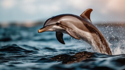Fototapeta premium A playful dolphin leaps joyfully from the ocean, showcasing its agility and spirit, with splashes adding to the dynamic essence of this captivating marine moment.
