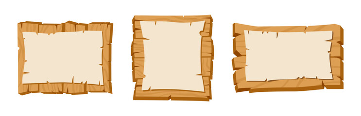 Wood boards with papyrus paper. Wooden signboards with empty placards, game ui interface elements, wooden frames flat vector illustration set. Rustic wood signs collection